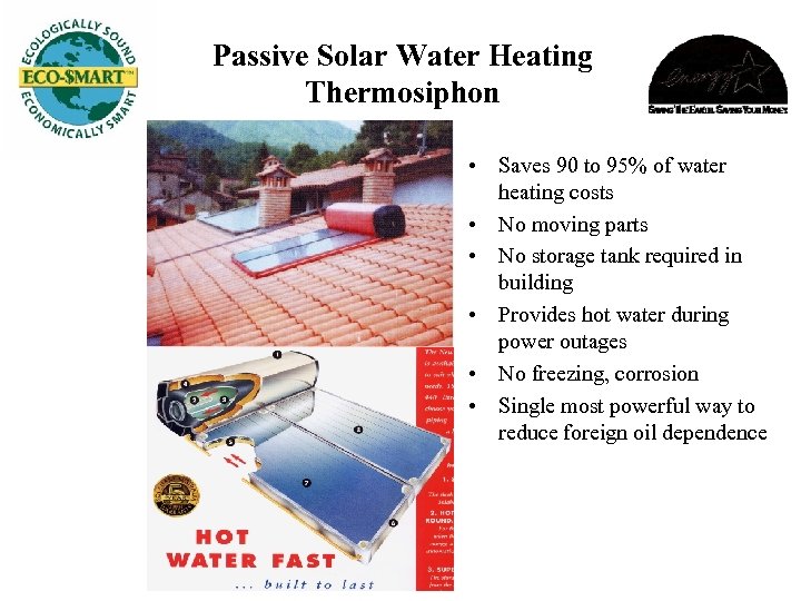 Passive Solar Water Heating Thermosiphon • Saves 90 to 95% of water heating costs