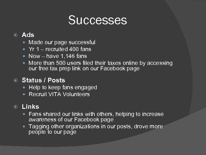 Successes Ads Made our page successful Yr 1 – recruited 400 fans Now –