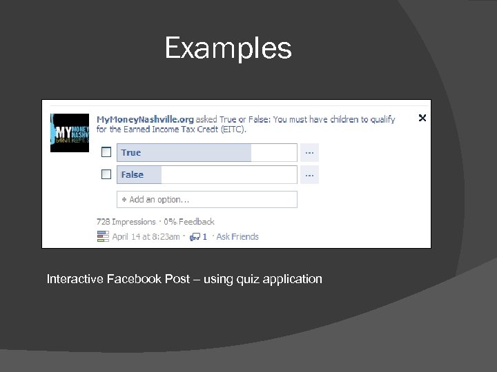 Examples Interactive Facebook Post – using quiz application 