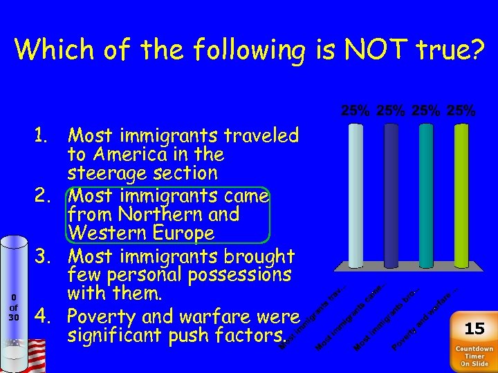 Which of the following is NOT true? 0 of 30 1. Most immigrants traveled