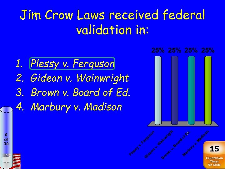 Jim Crow Laws received federal validation in: 1. 2. 3. 4. 0 of 30