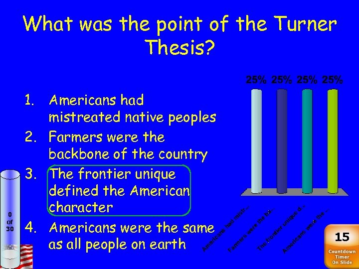 What was the point of the Turner Thesis? 0 of 30 1. Americans had
