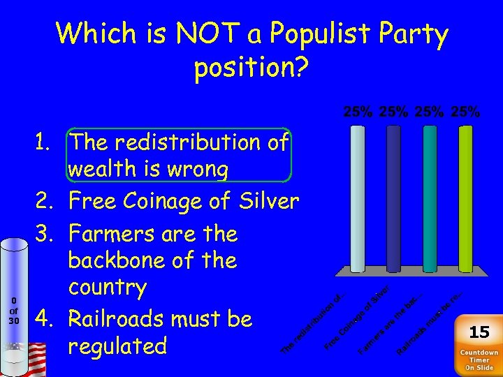 Which is NOT a Populist Party position? 0 of 30 1. The redistribution of