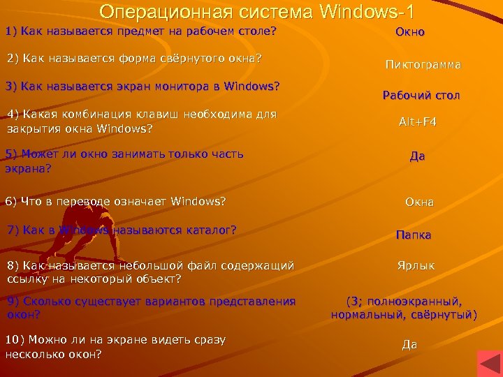 Операционная система Windows-1 1) Как называется предмет на рабочем столе? 2) Как называется форма