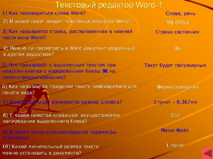 Текстовый редактор Word-1 1) Как переводиться слово Word? Слово, речь 2) В какой пакет