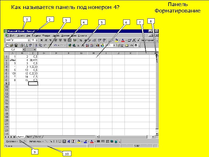 Панель Форматирование Как называется панель под номером 4? 2 1 9 3 10 4
