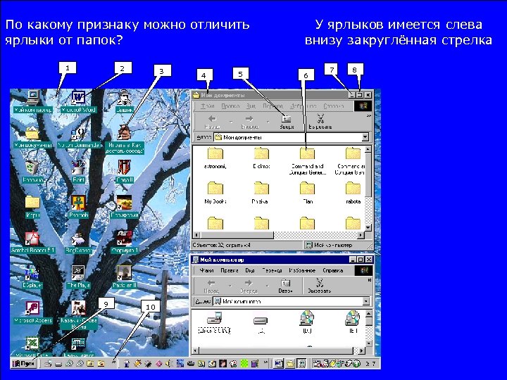 По какому признаку можно отличить ярлыки от папок? 2 1 9 4 3 10