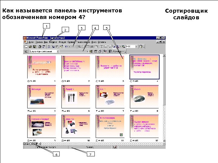 Как называется панель инструментов обозначенная номером 4? 1 2 6 3 4 7 5