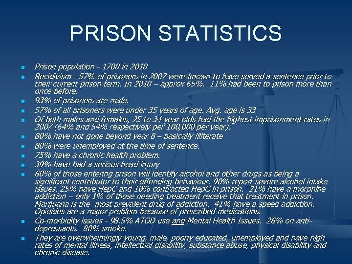 PRISON STATISTICS n n n Prison population - 1700 in 2010 Recidivism - 57%