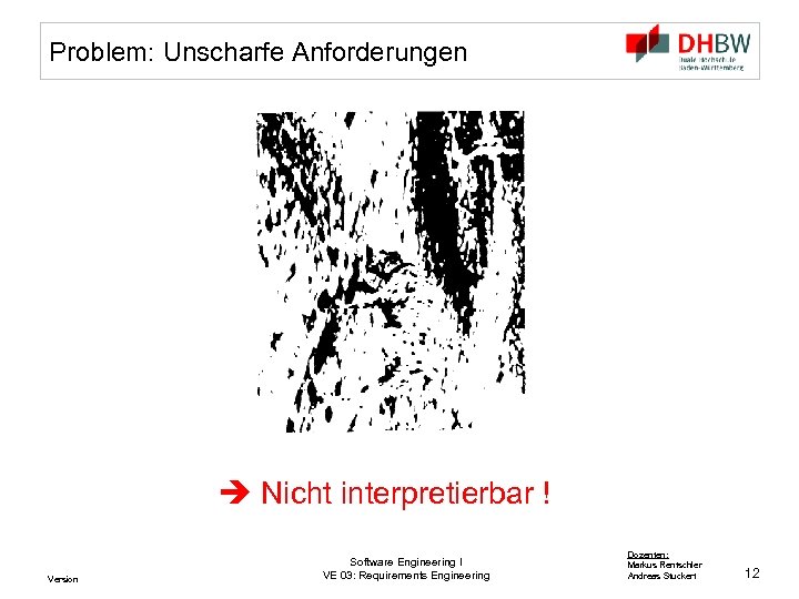 Problem: Unscharfe Anforderungen Nicht interpretierbar ! Version Software Engineering I VE 03: Requirements Engineering