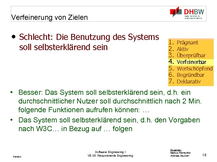 Verfeinerung von Zielen • Schlecht: Die Benutzung des Systems soll selbsterklärend sein 1. 2.