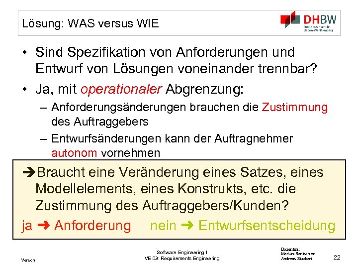 Lösung: WAS versus WIE • Sind Spezifikation von Anforderungen und Entwurf von Lösungen voneinander