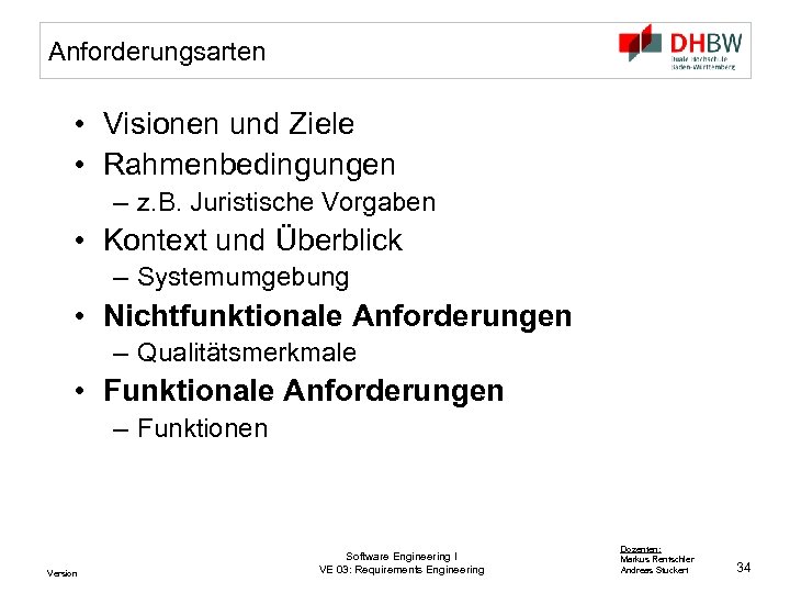 Anforderungsarten • Visionen und Ziele • Rahmenbedingungen – z. B. Juristische Vorgaben • Kontext