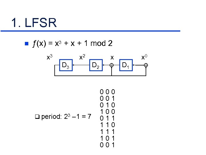 1. LFSR n ƒ(x) = x 3 + x + 1 mod 2 x