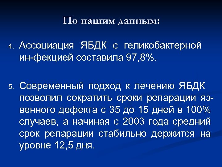 По нашим данным: 4. Ассоциация ЯБДК с геликобактерной ин-фекцией составила 97, 8%. 5. Современный