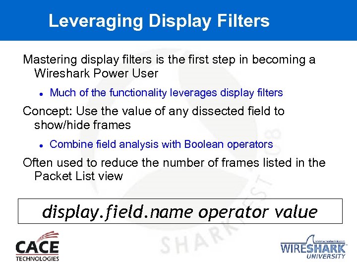 Leveraging Display Filters Mastering display filters is the first step in becoming a Wireshark