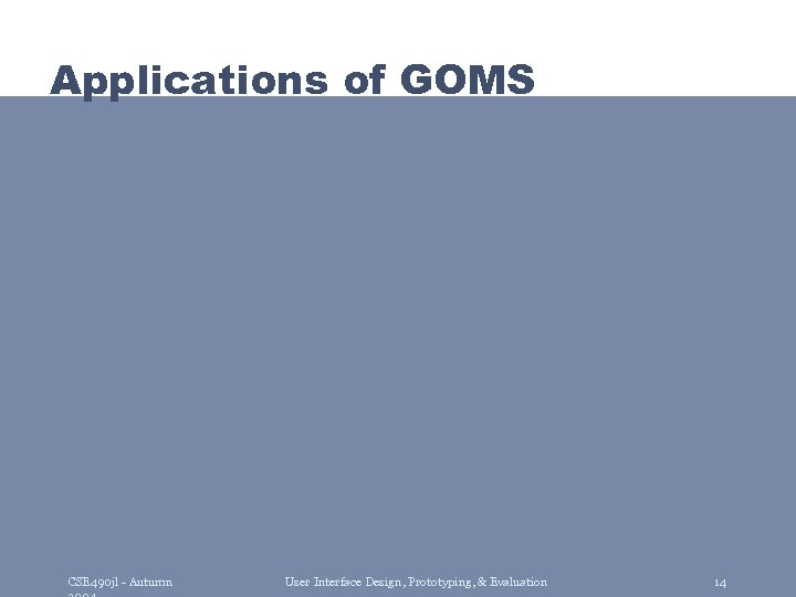 Applications of GOMS CSE 490 jl - Autumn User Interface Design, Prototyping, & Evaluation