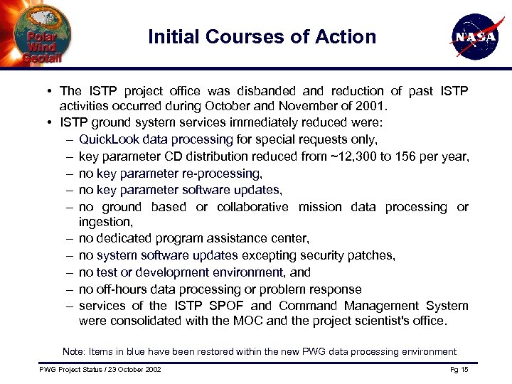 Initial Courses of Action • The ISTP project office was disbanded and reduction of