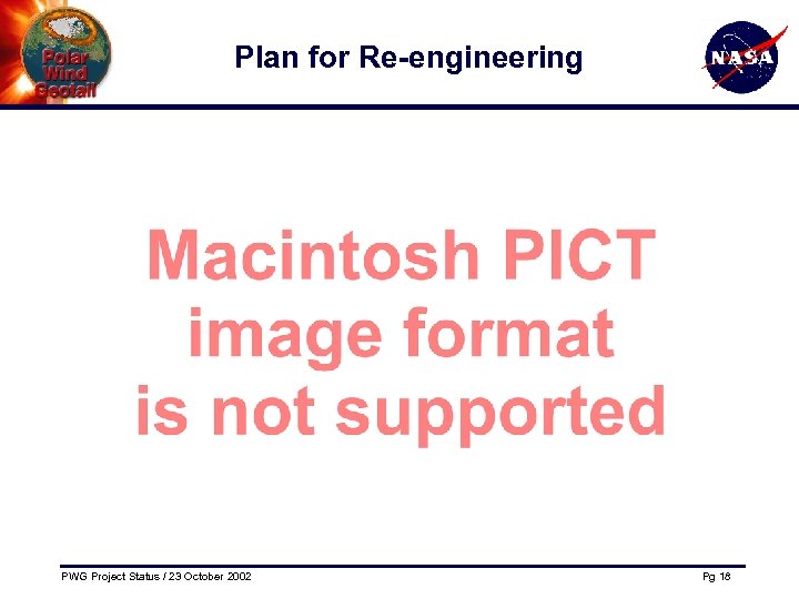 Plan for Re-engineering PWG Project Status / 23 October 2002 Pg 18 