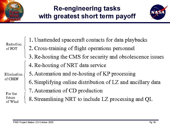 Re-engineering tasks with greatest short term payoff Reduction of FOT Elimination of CHDF For