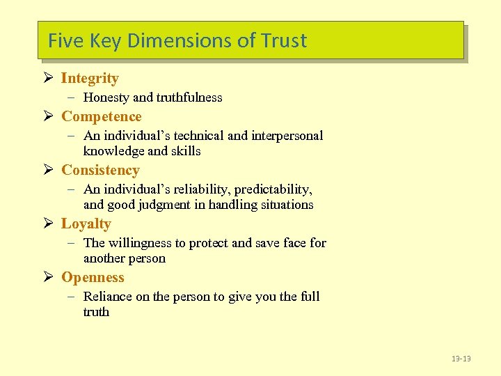 Five Key Dimensions of Trust Ø Integrity – Honesty and truthfulness Ø Competence –