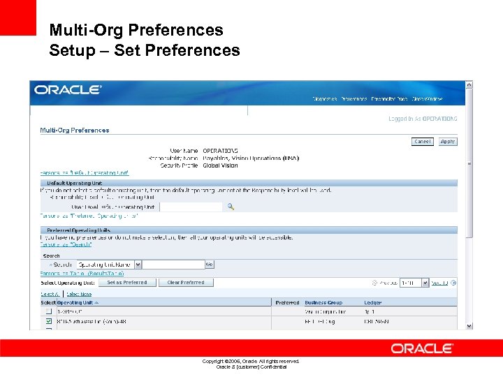 Multi-Org Preferences Setup – Set Preferences Copyright © 2006, Oracle. All rights reserved. Oracle