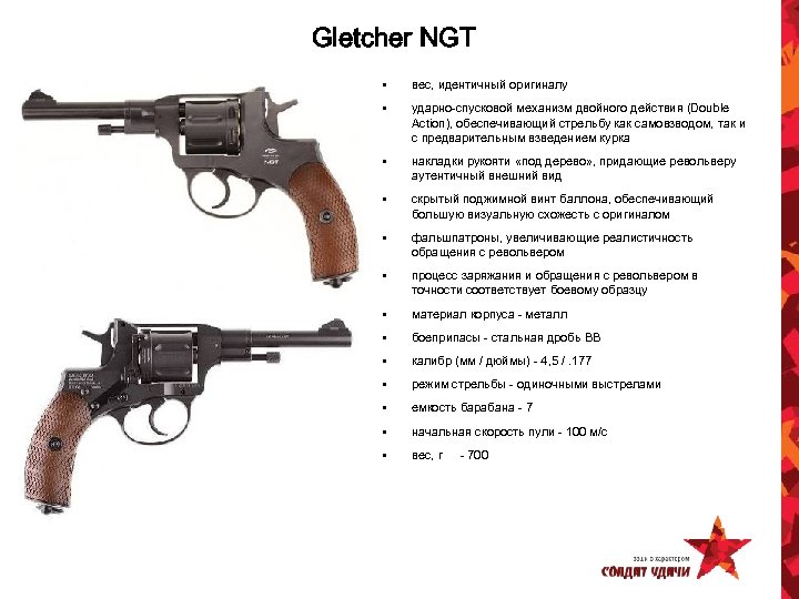 Gletcher NGT • вес, идентичный оригиналу • ударно-спусковой механизм двойного действия (Double Action), обеспечивающий