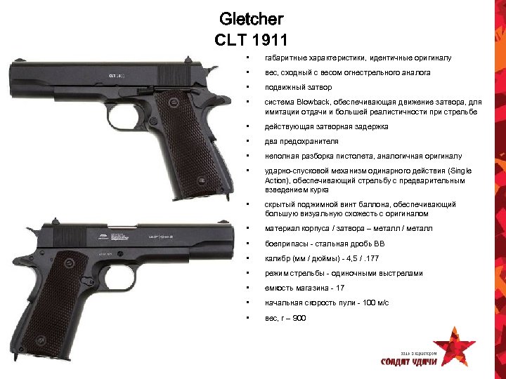 Gletcher CLT 1911 • габаритные характеристики, идентичные оригиналу • вес, сходный с весом огнестрельного