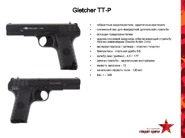 Gletcher TT-P • габаритные характеристики, идентичные оригиналу • сниженный вес для комфортной длительной стрельбы