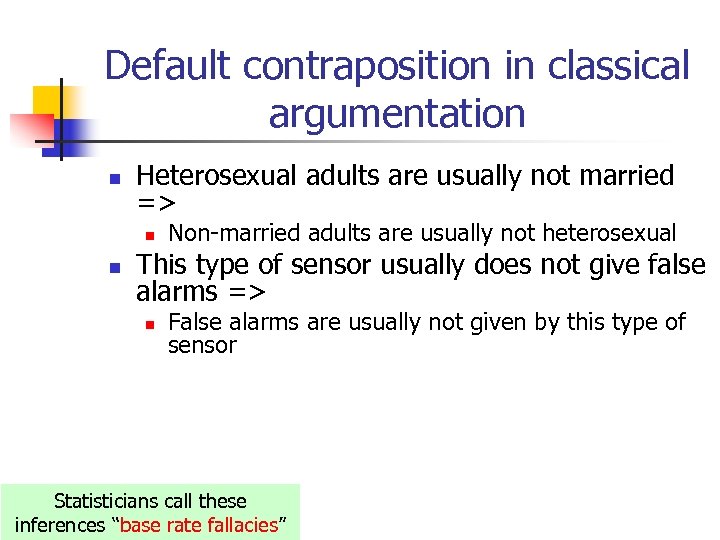 Default contraposition in classical argumentation n Heterosexual adults are usually not married => n