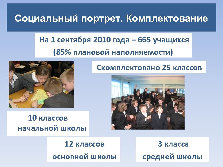Социальный портрет. Комплектование На 1 сентября 2010 года – 665 учащихся (85% плановой наполняемости)