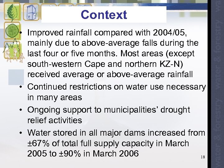 Context • Improved rainfall compared with 2004/05, mainly due to above-average falls during the