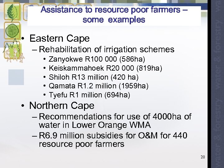 Assistance to resource poor farmers – some examples • Eastern Cape – Rehabilitation of