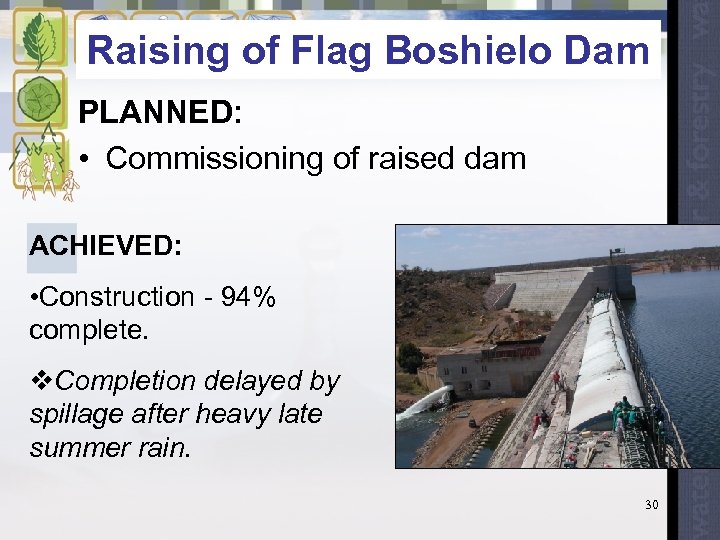 Raising of Flag Boshielo Dam PLANNED: • Commissioning of raised dam ACHIEVED: • Construction