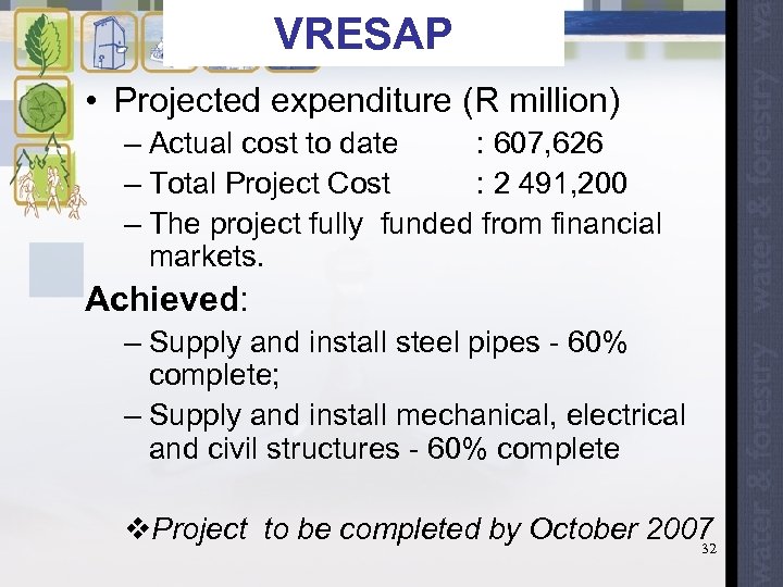 VRESAP • Projected expenditure (R million) – Actual cost to date : 607, 626