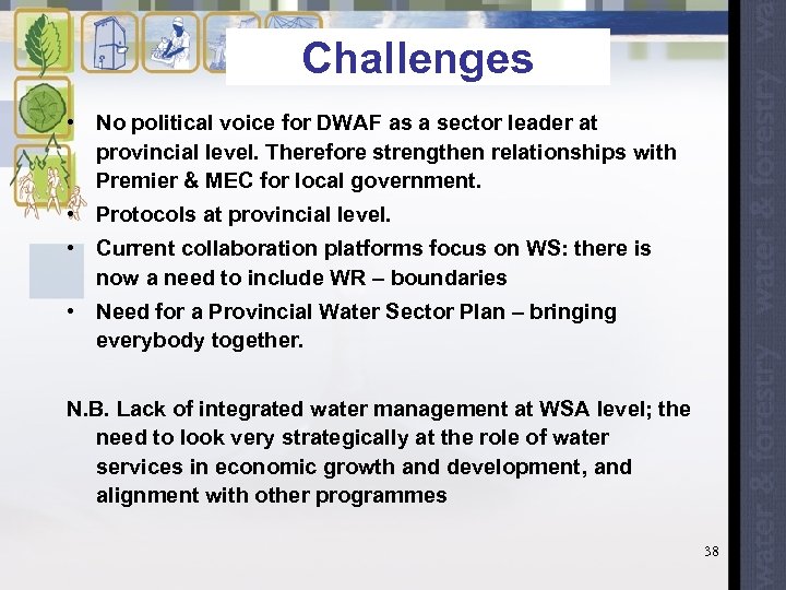 Challenges • No political voice for DWAF as a sector leader at provincial level.