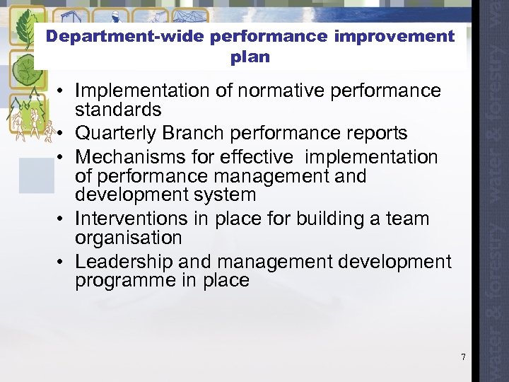 Department-wide performance improvement plan • Implementation of normative performance standards • Quarterly Branch performance