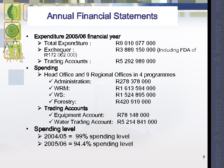 Annual Financial Statements • Expenditure 2005/06 financial year Ø Total Expenditure : R 9