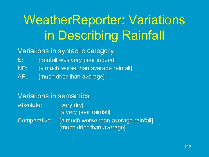 Weather. Reporter: Variations in Describing Rainfall Variations in syntactic category: S: NP: AP: [rainfall