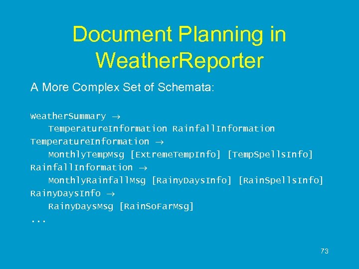 Document Planning in Weather. Reporter A More Complex Set of Schemata: Weather. Summary Temperature.