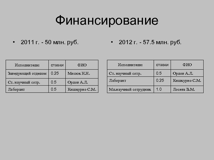 Финансирование • 2011 г. - 50 млн. руб. Исполнители: ставки ФИО • 2012 г.