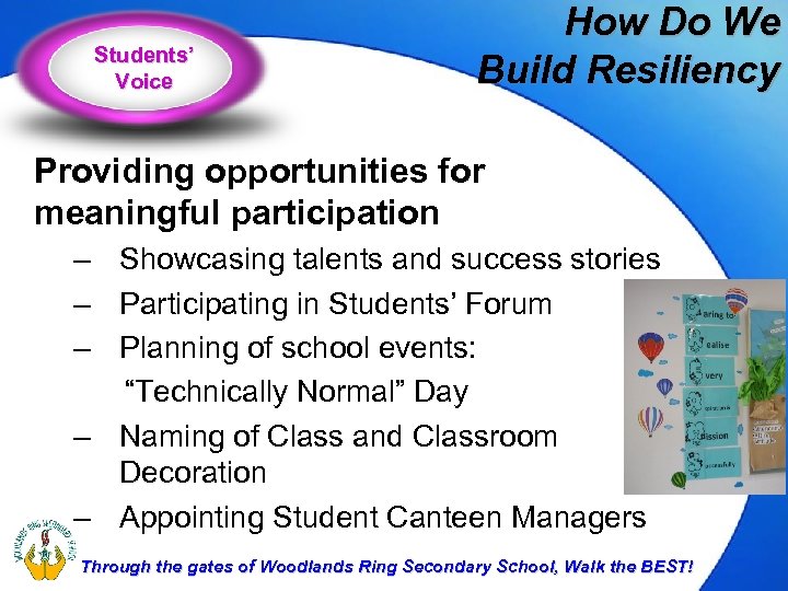 Students’ Voice How Do We Build Resiliency Providing opportunities for meaningful participation – Showcasing