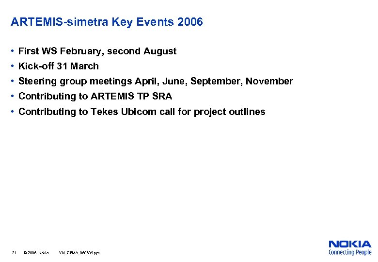 ARTEMIS-simetra Key Events 2006 • First WS February, second August • Kick-off 31 March