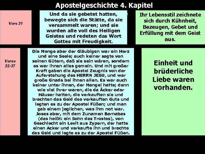  Vers 31 Verse 32 -37 Apostelgeschichte 4. Kapitel Und da sie gebetet hatten,
