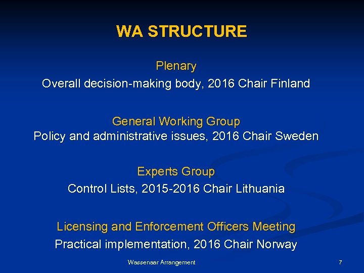 WA STRUCTURE Plenary Overall decision-making body, 2016 Chair Finland General Working Group Policy and