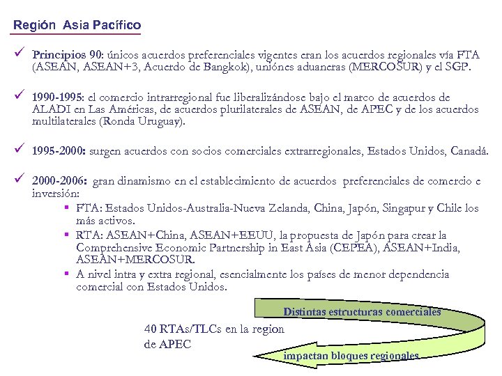 Región Asia Pacífico ü Principios 90: únicos acuerdos preferenciales vigentes eran los acuerdos regionales