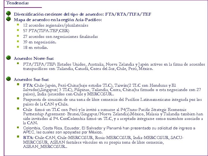 Tendencias Diversificación creciente del tipo de acuerdos: FTA/RTA/TIFA/TEF Mapa de acuerdos en la región
