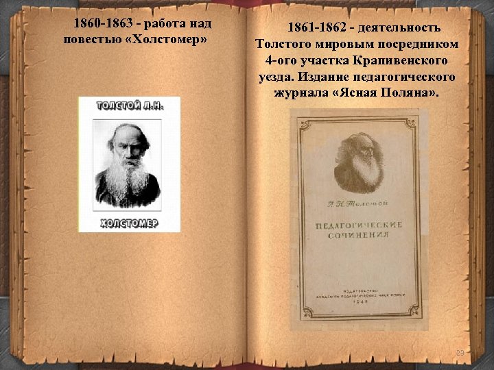 1860 -1863 - работа над повестью «Холстомер» 1861 -1862 - деятельность Толстого мировым посредником