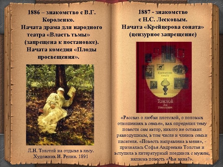 1886 – знакомство с В. Г. Короленко. Начата драма для народного театра «Власть тьмы»
