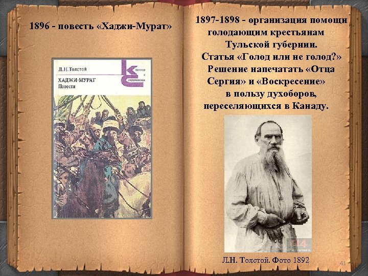 1896 - повесть «Хаджи-Мурат» 1897 -1898 - организация помощи голодающим крестьянам Тульской губернии. Статья